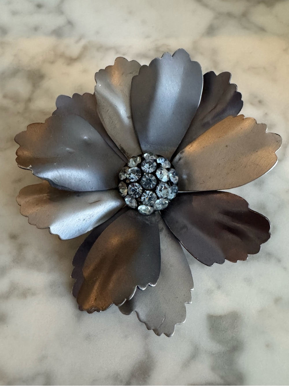 VTG Dimensional Gray Metallic Blue Rhinestone Floral Brooch